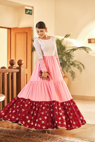 White & Pink & Maroon Metallic Foilage Print Georgette Anarkali Long Gown Semi Stitched ClothsVilla