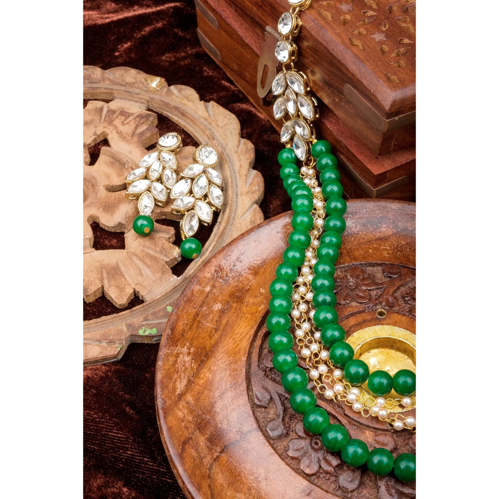 White and Green Pearl and American Dimond Necklace Alloy Jewel Set ClothsVilla