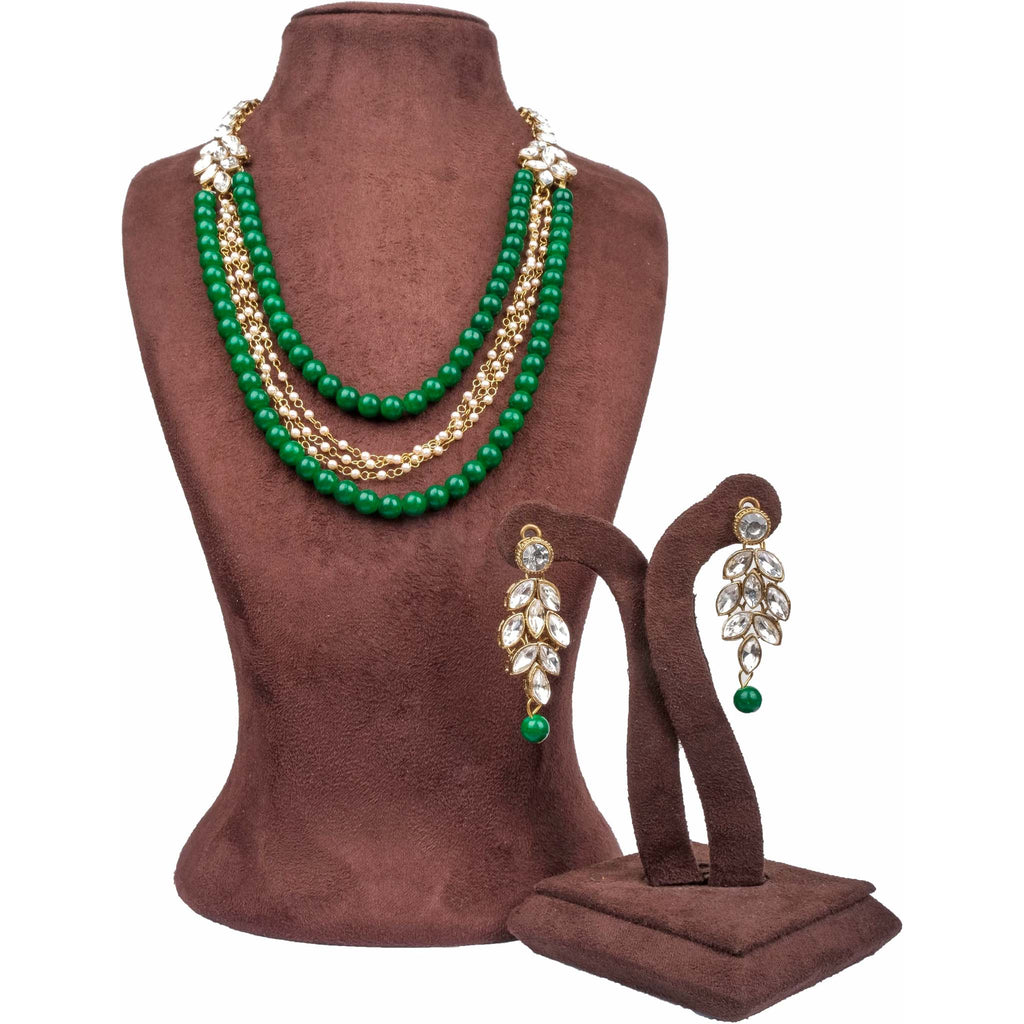 White and Green Pearl and American Dimond Necklace Alloy Jewel Set ClothsVilla