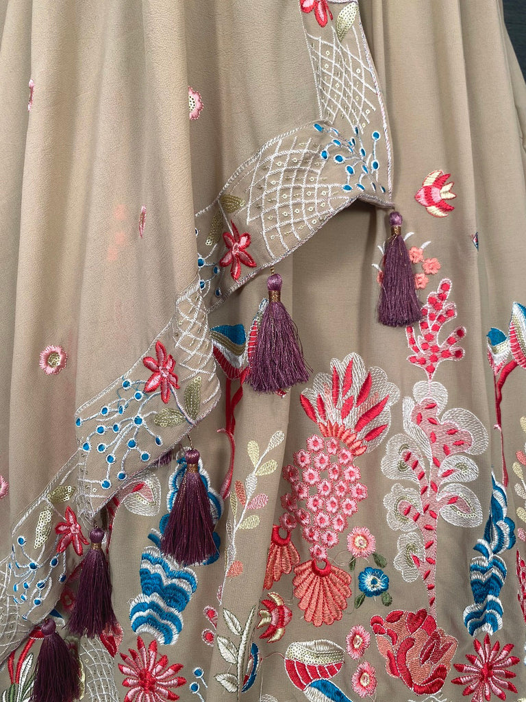 Chiku Color Thread And Sequins Embroidery Work Georgette Lehenga Choli And Dupatta With Belt Clothsvilla