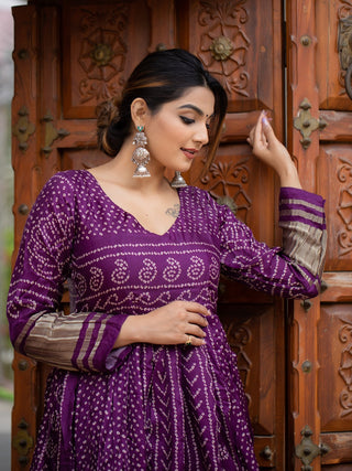 Wine Color Digital Bandhej Printed Pure Gaji Silk Beautiful Gown Clothsvilla