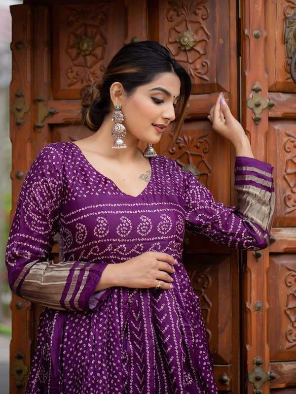 Wine Color Digital Bandhej Printed Pure Gaji Silk Beautiful Gown Clothsvilla
