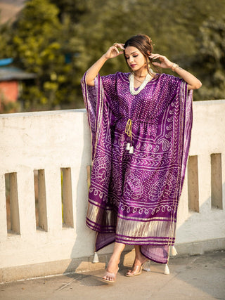 Wine Color Digital Bandhej Print Pure Gaji Silk Kaftan Dress Clothsvilla