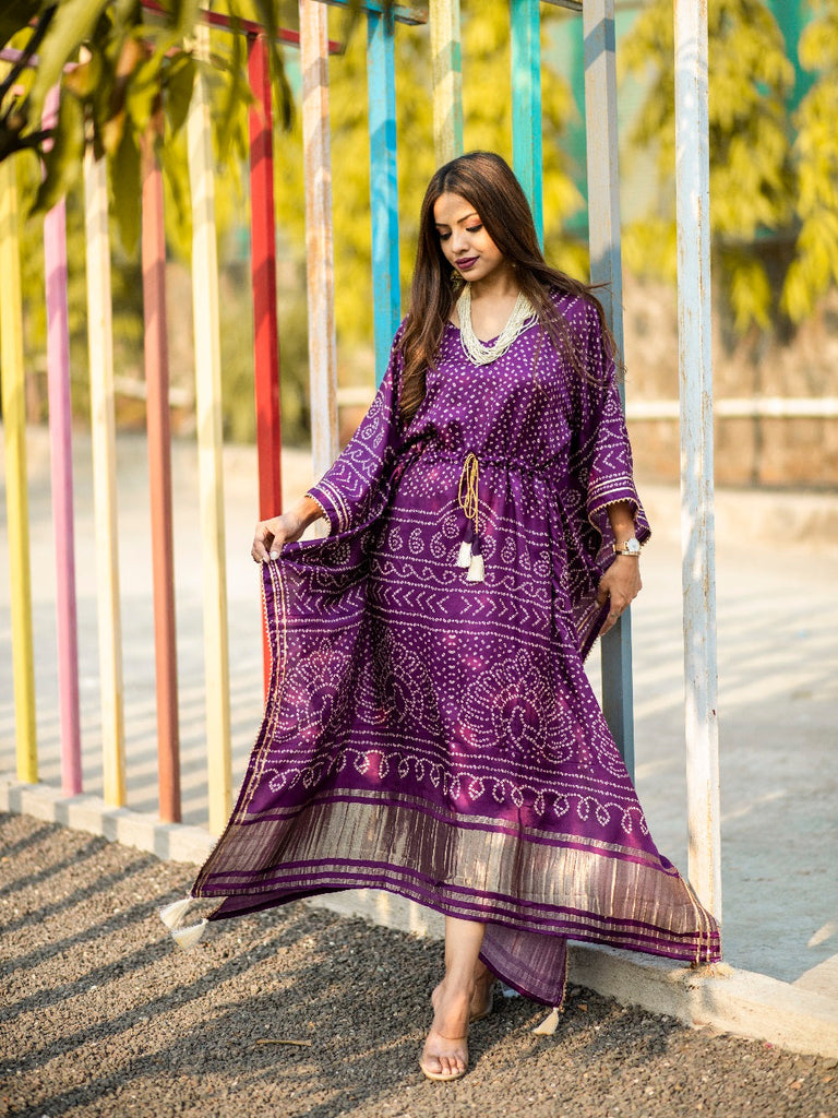 Wine Color Digital Bandhej Print Pure Gaji Silk Kaftan Dress Clothsvilla