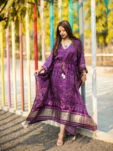 Load image into Gallery viewer, Wine Color Digital Bandhej Print Pure Gaji Silk Kaftan Dress Clothsvilla