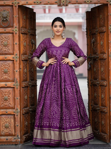 Wine Color Digital Bandhej Printed Pure Gaji Silk Beautiful Gown Clothsvilla