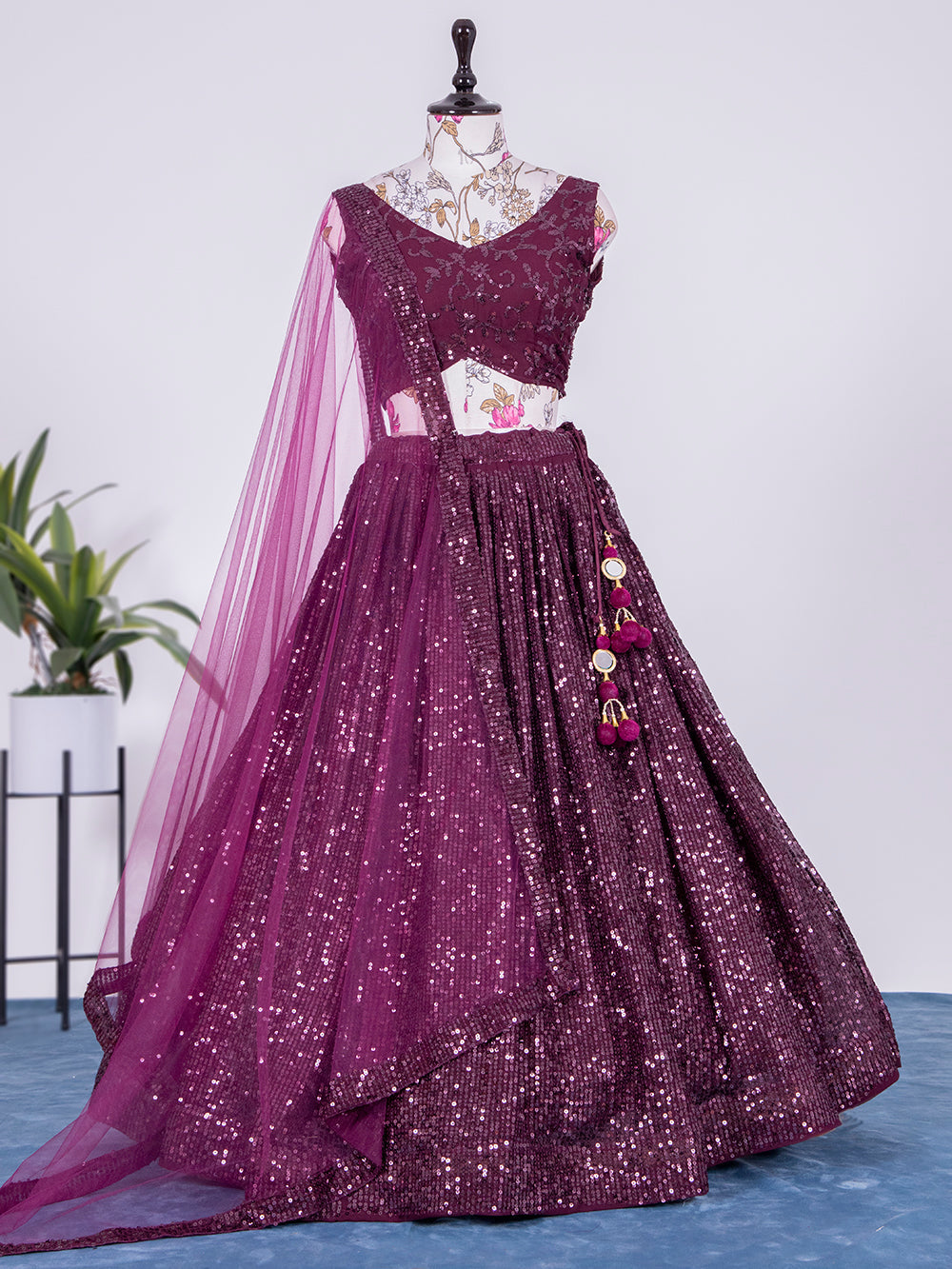 Wine Color Sequins and Thread Embroidery Work Georgette Lehenga Clothsvilla Main image
