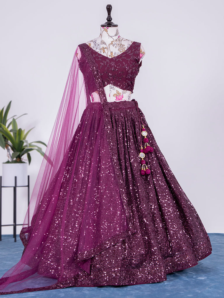 Wine Color Sequins and Thread Embroidery Work Georgette Lehenga Clothsvilla