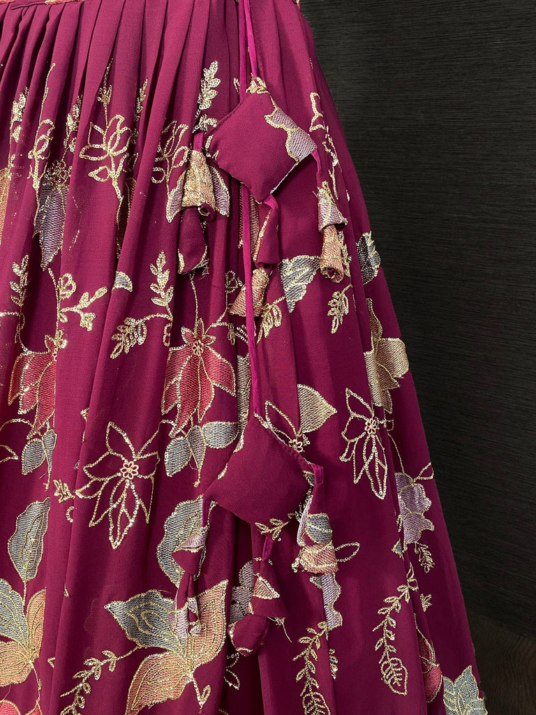 Wine Color Thread And Sequins Embroidered Work Georgette Lehengha Choli Clothsvilla