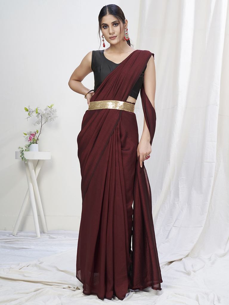 Wine Ready to Wear One Minute Lycra Saree ClothsVilla
