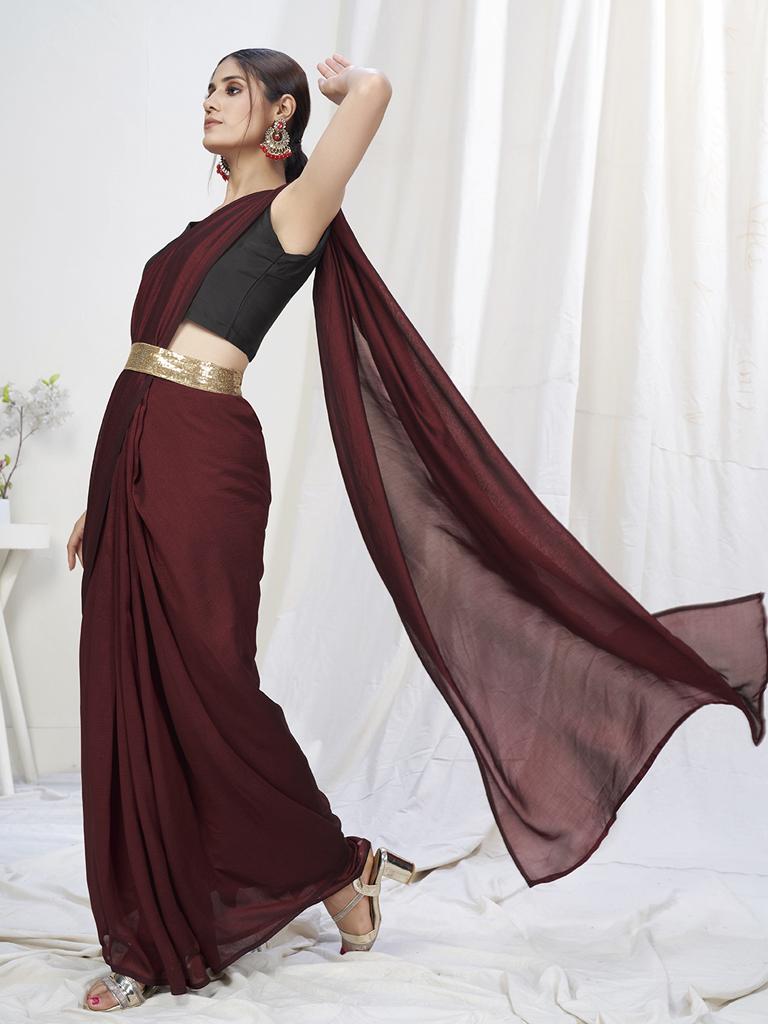 Wine Ready to Wear One Minute Lycra Saree ClothsVilla