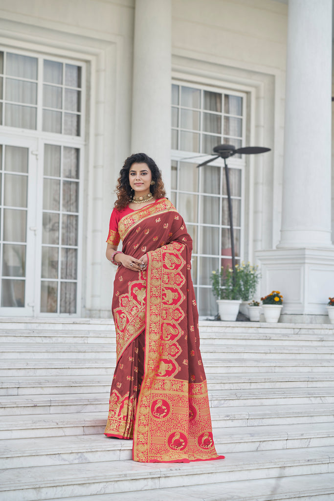 Wine Color Charming Sangeet Wear Art Silk Fabric Saree With Weaving Work ClothsVilla