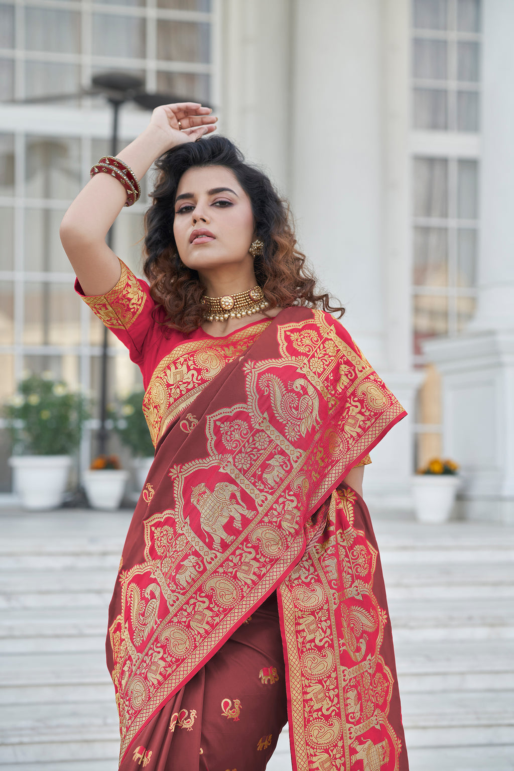 Wine Color Charming Sangeet Wear Art Silk Fabric Saree With Weaving Work ClothsVilla