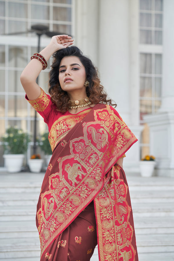 Wine Color Charming Sangeet Wear Art Silk Fabric Saree With Weaving Work ClothsVilla