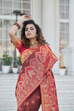 Load image into Gallery viewer, Wine Color Charming Sangeet Wear Art Silk Fabric Saree With Weaving Work ClothsVilla