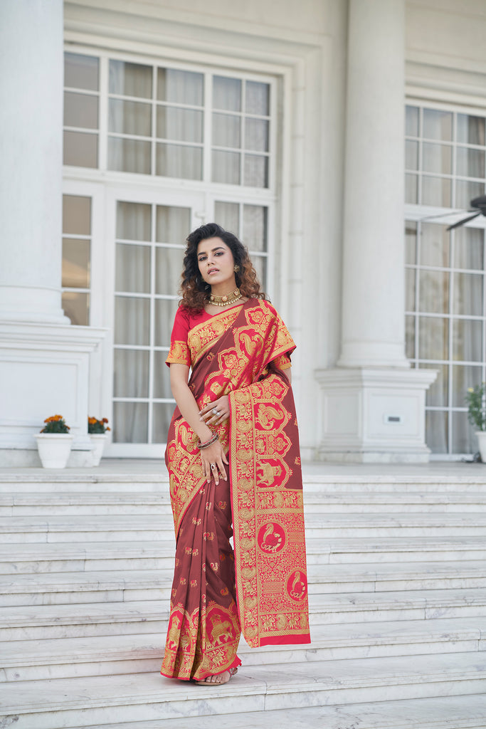 Wine Color Charming Sangeet Wear Art Silk Fabric Saree With Weaving Work ClothsVilla