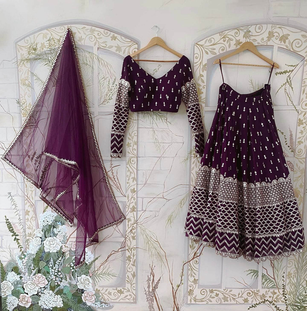 Wine Color Embroidered Attractive Party Wear Georgette Dulhan Wedding Lehenga Choli Clothsvilla Main image