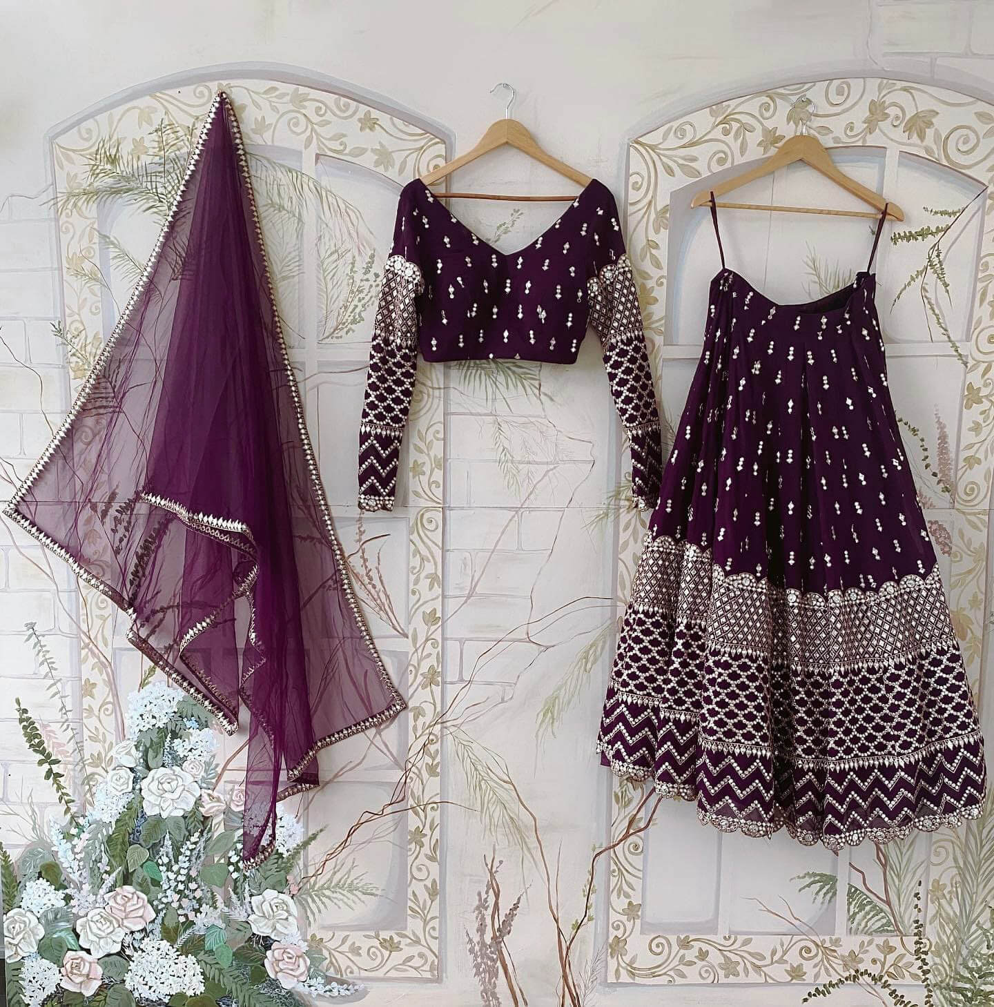 Wine Color Embroidered Attractive Party Wear Georgette Dulhan Wedding Lehenga Choli Clothsvilla