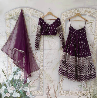 Wine Color Embroidered Attractive Party Wear Georgette Dulhan Wedding Lehenga Choli Clothsvilla