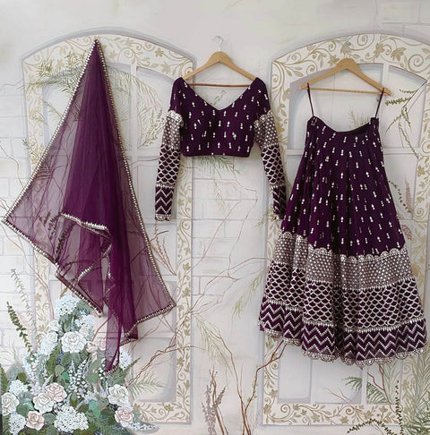 Wine Color Embroidered Attractive Party Wear Georgette Dulhan Wedding Lehenga Choli Clothsvilla Main image