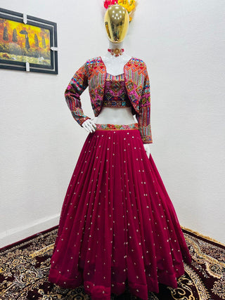 Wine Color Sequence Work Lehenga Choli With Shrug Clothsvilla
