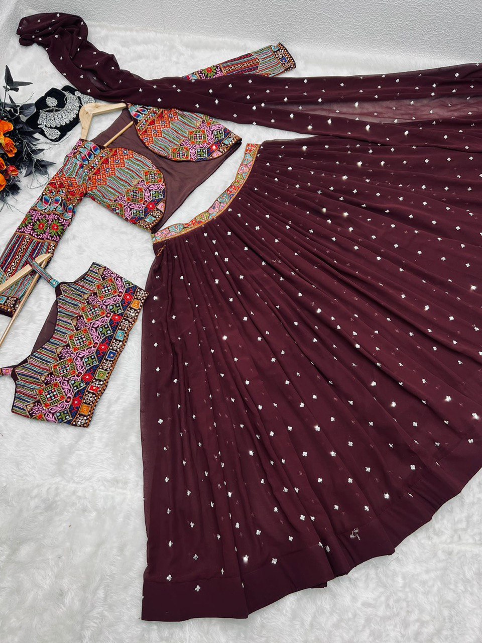 Wine Color Sequence Work Lehenga Choli With Shrug Clothsvilla