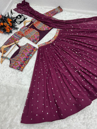 Wine Color Sequence Work Lehenga Choli With Shrug Clothsvilla