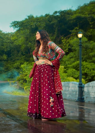 Wine Color Sequence Work Lehenga Choli With Shrug Clothsvilla