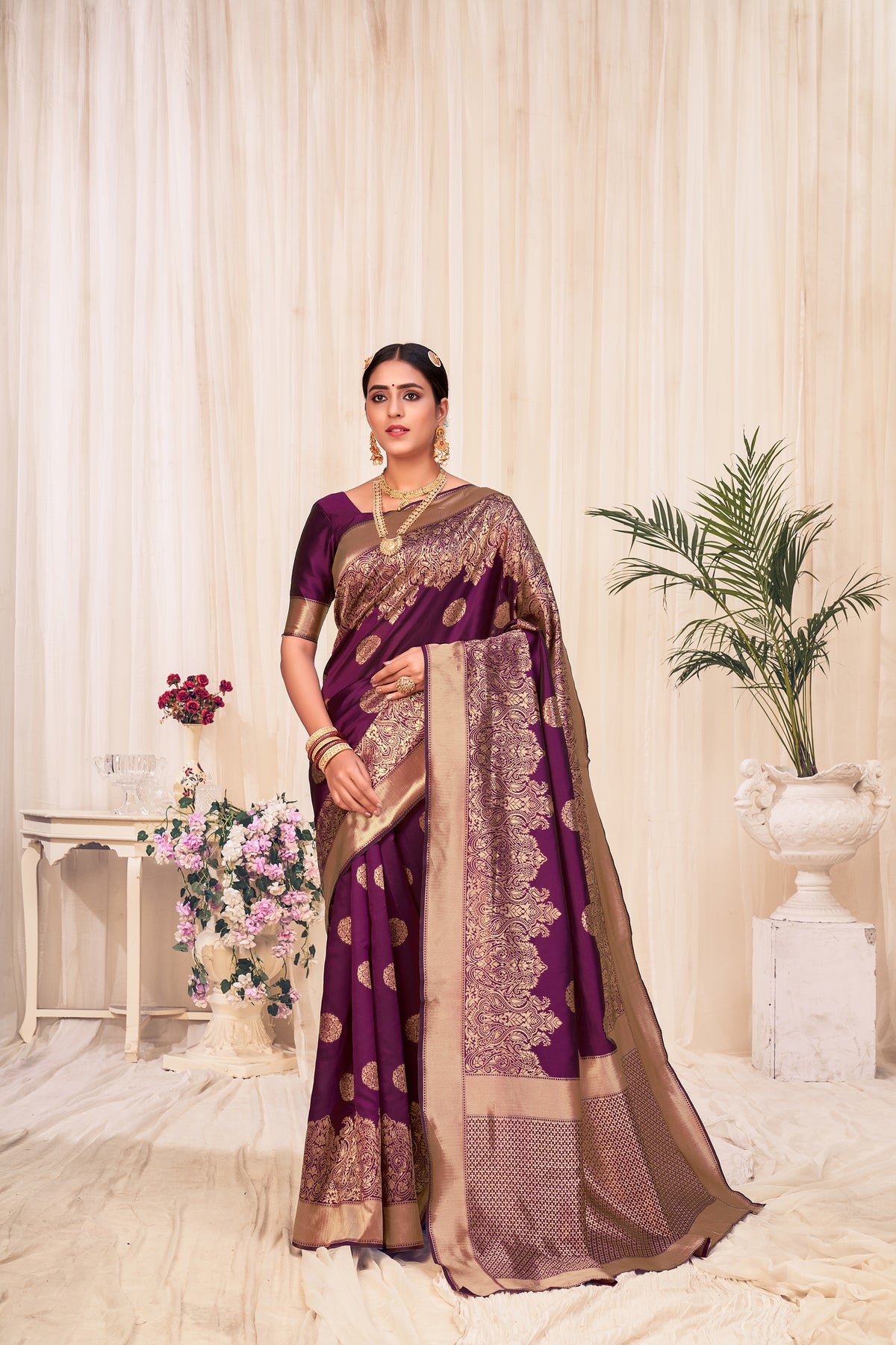Wine Festive Wear Woven Banarasi Silk Saree ClothsVilla Main image