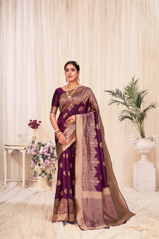 Wine Festive Wear Woven Banarasi Silk Saree ClothsVilla
