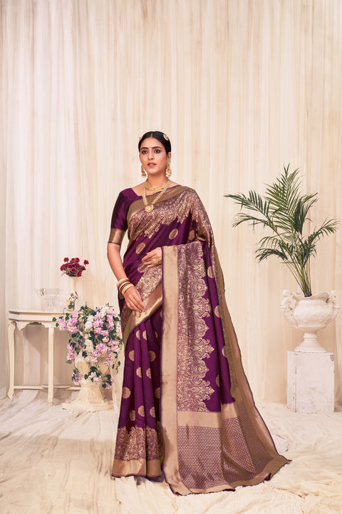 Wine Festive Wear Woven Banarasi Silk Saree ClothsVilla Main image