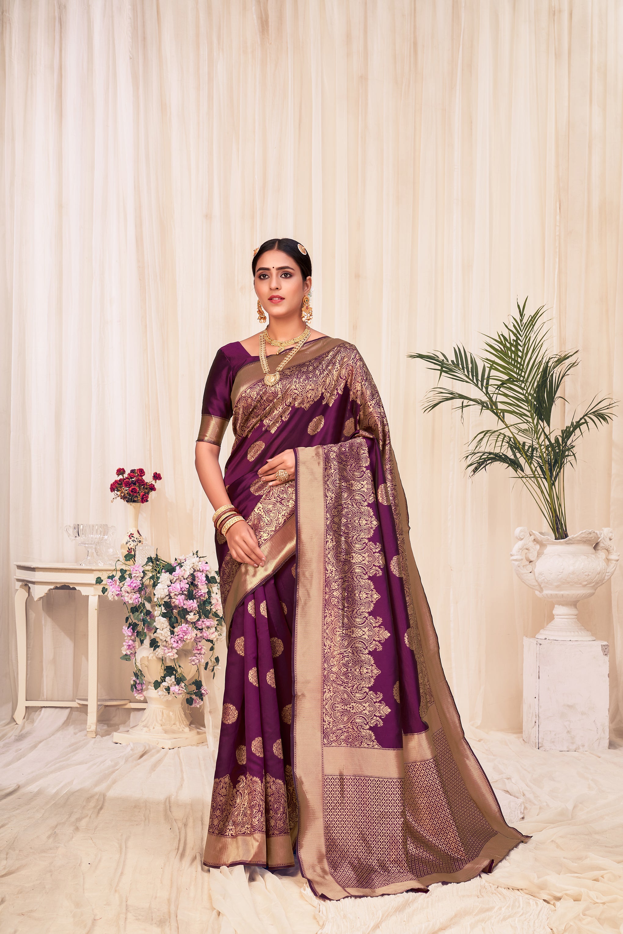 Wine Festive Wear Woven Banarasi Silk Saree ClothsVilla