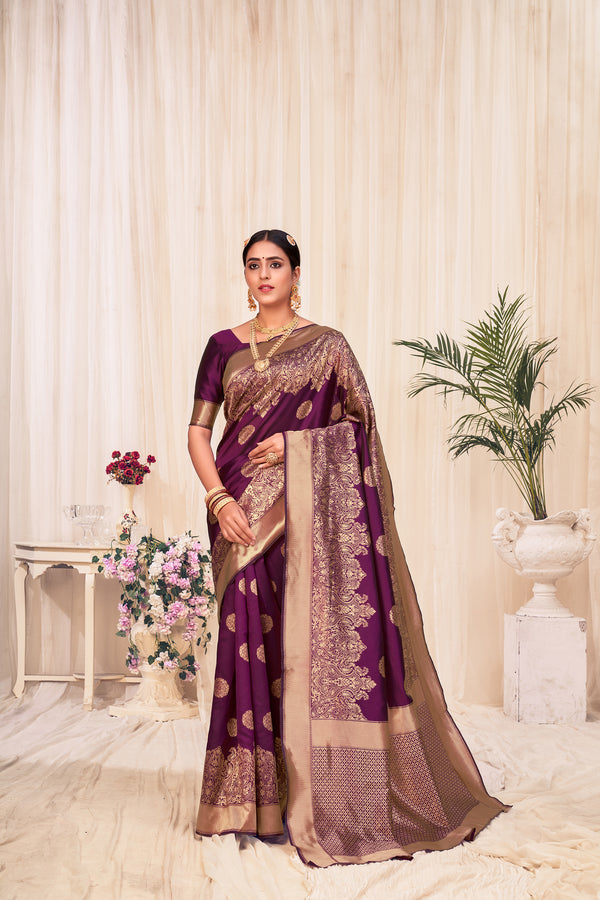 Wine Festive Wear Woven Banarasi Silk Saree ClothsVilla