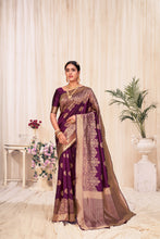 Load image into Gallery viewer, Wine Festive Wear Woven Banarasi Silk Saree ClothsVilla