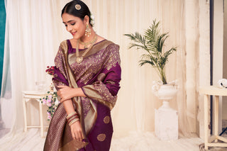 Wine Festive Wear Woven Banarasi Silk Saree ClothsVilla