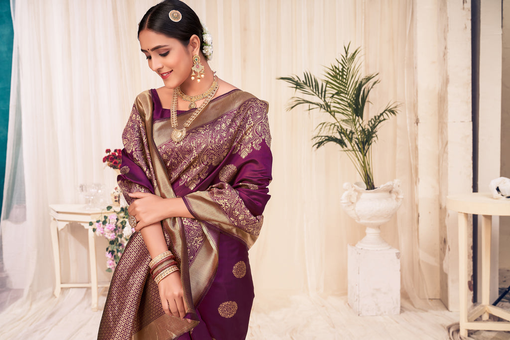 Wine Festive Wear Woven Banarasi Silk Saree ClothsVilla