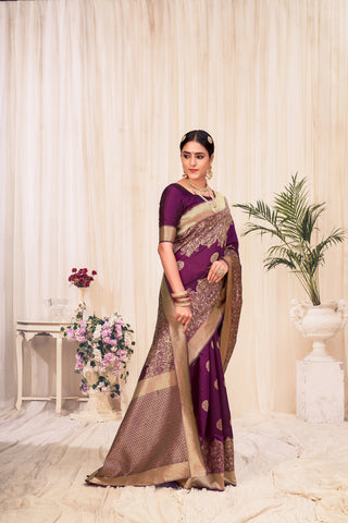 Wine Festive Wear Woven Banarasi Silk Saree ClothsVilla