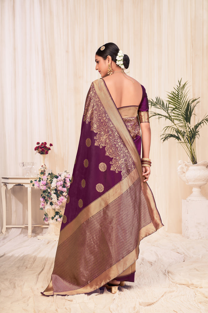 Wine Festive Wear Woven Banarasi Silk Saree ClothsVilla