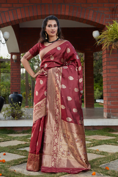 Wine Weaving Banarasi Silk Festival Wear Saree ClothsVilla Main image