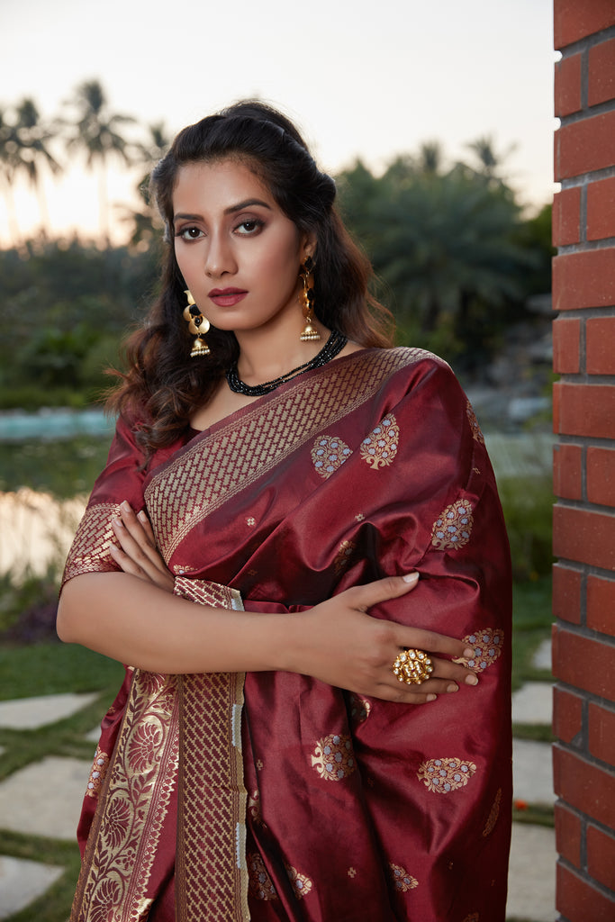 Wine Weaving Banarasi Silk Festival Wear Saree ClothsVilla