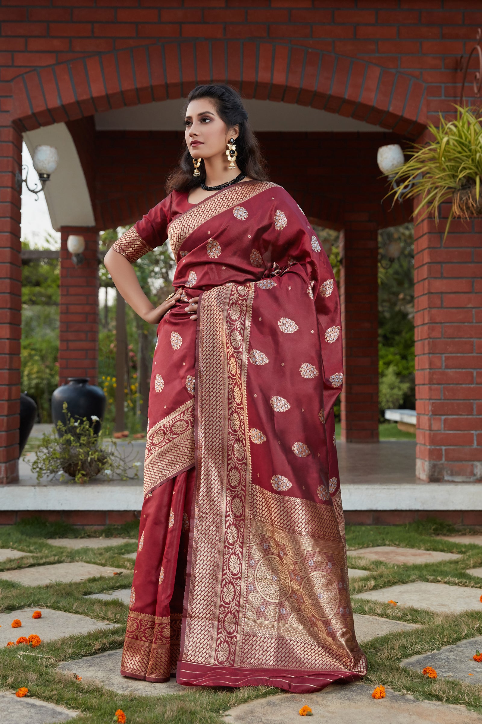 Wine Weaving Banarasi Silk Festival Wear Saree ClothsVilla
