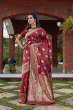 Load image into Gallery viewer, Wine Weaving Banarasi Silk Festival Wear Saree ClothsVilla