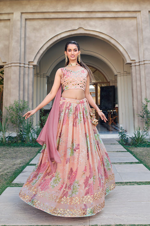 Women Ethnic Wear Pink Printed Georgette Lehenga Choli Collection ClothsVilla.com Main image