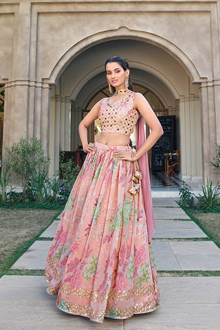 Women Ethnic Wear Pink Printed Georgette Lehenga Choli Collection ClothsVilla.com