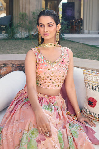 Women Ethnic Wear Pink Printed Georgette Lehenga Choli Collection ClothsVilla.com