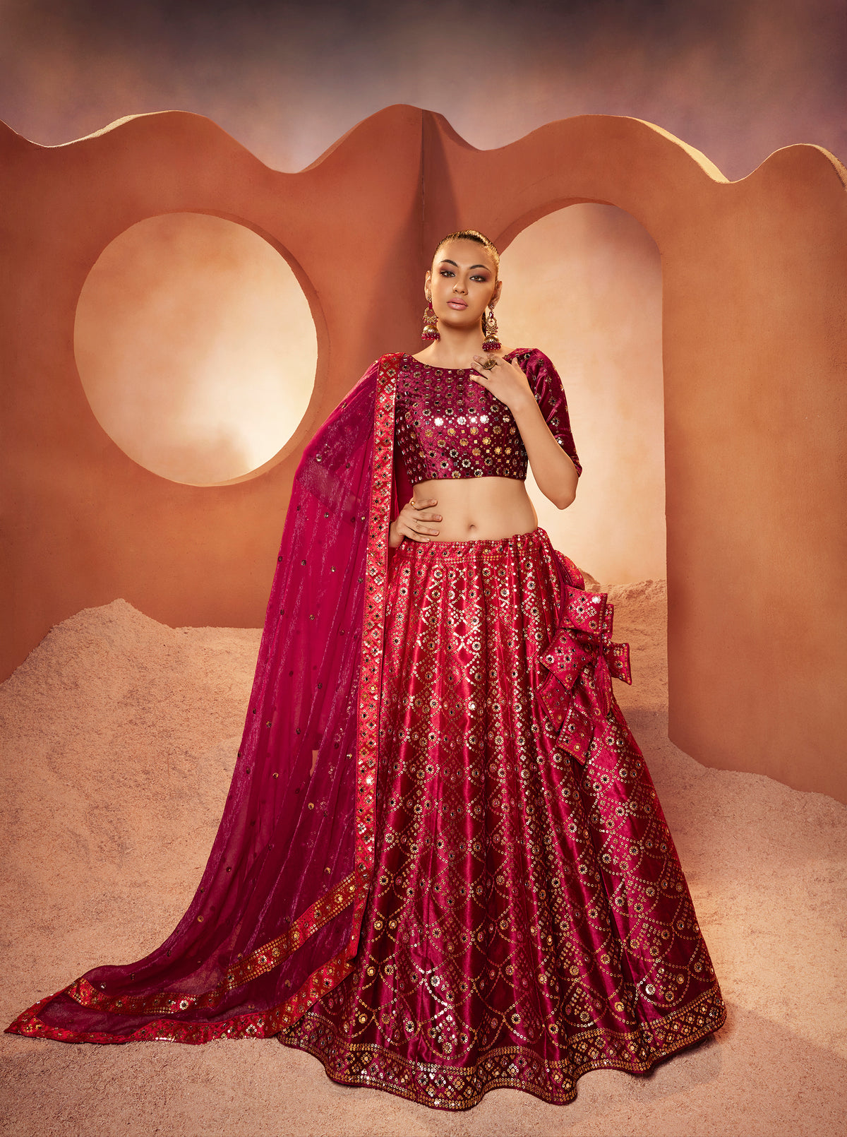 Wonderful Magenta Color Mirror & Sequence Work Velvet Lehenga Choli Clothsvilla Main image