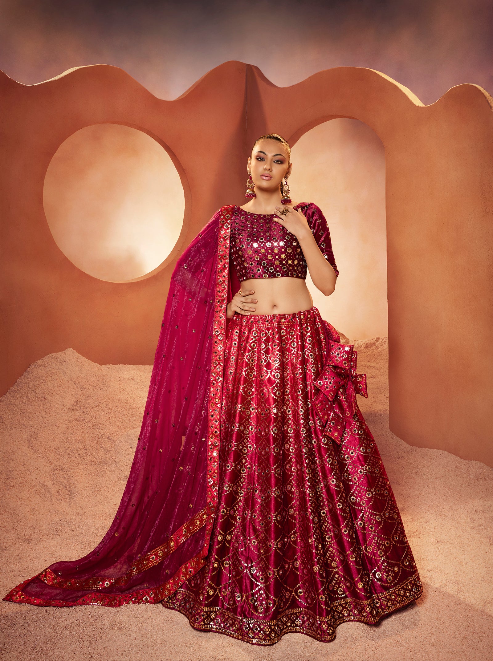 Wonderful Magenta Color Mirror & Sequence Work Velvet Lehenga Choli Clothsvilla