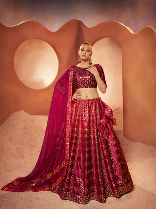Wonderful Magenta Color Mirror & Sequence Work Velvet Lehenga Choli Clothsvilla