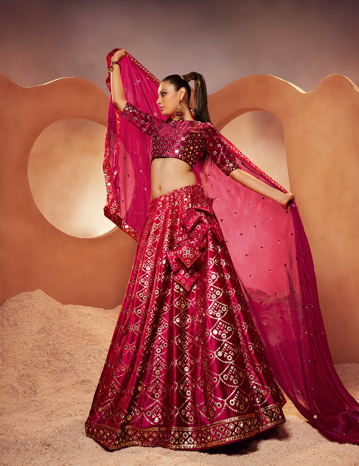 Wonderful Magenta Color Mirror & Sequence Work Velvet Lehenga Choli Clothsvilla