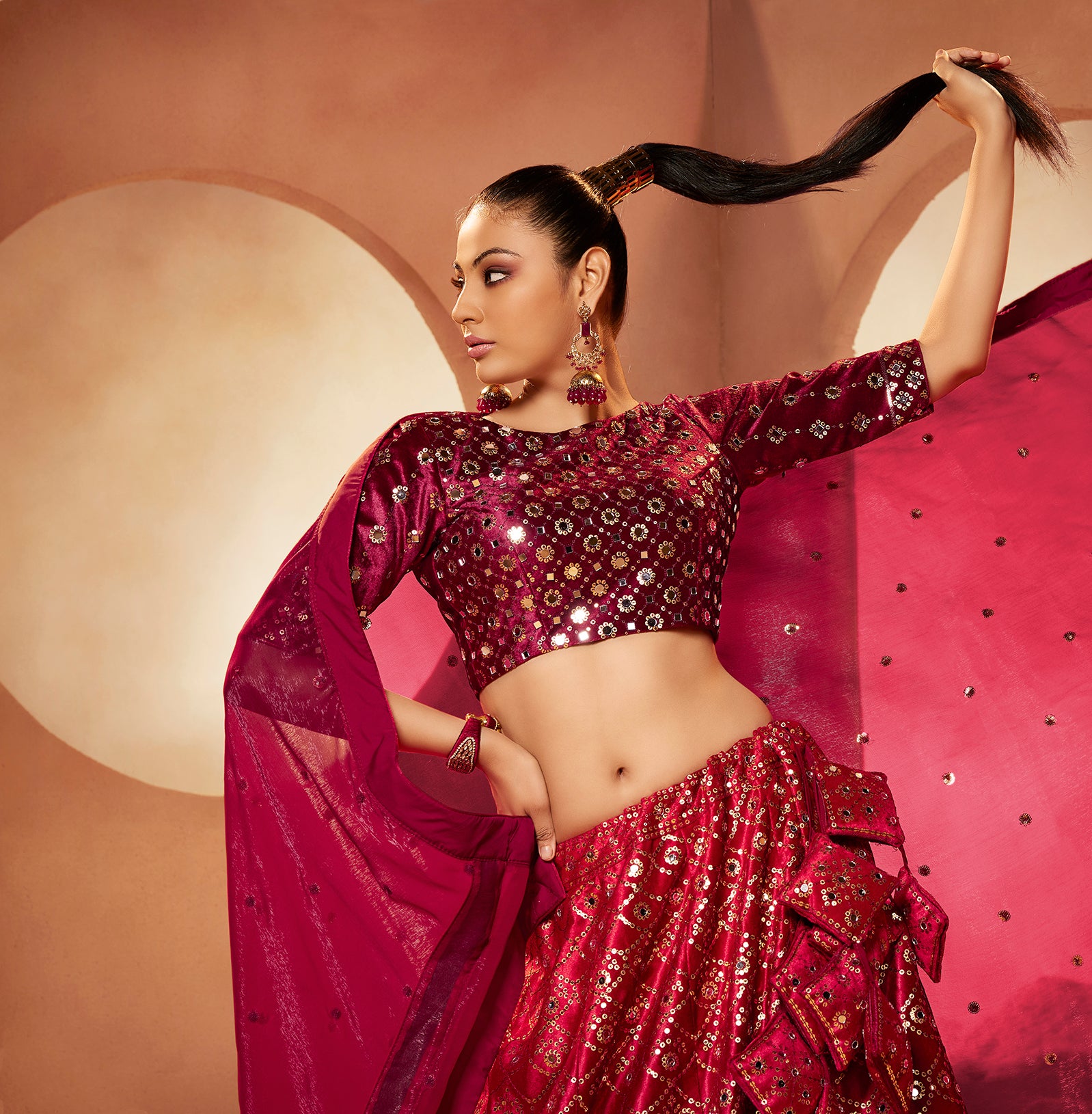 Wonderful Magenta Color Mirror & Sequence Work Velvet Lehenga Choli Clothsvilla